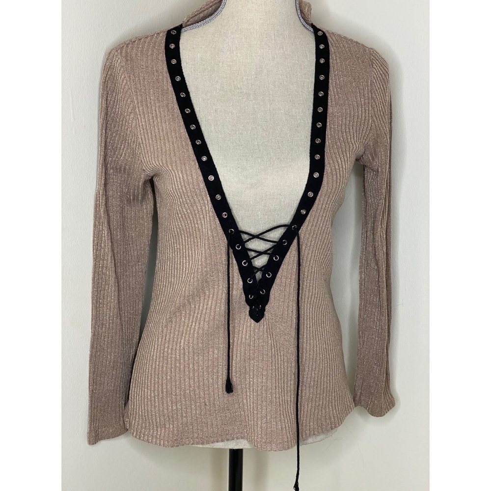 Tan Lace Up Sweater